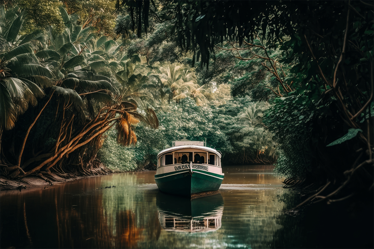 Boat in jungle river